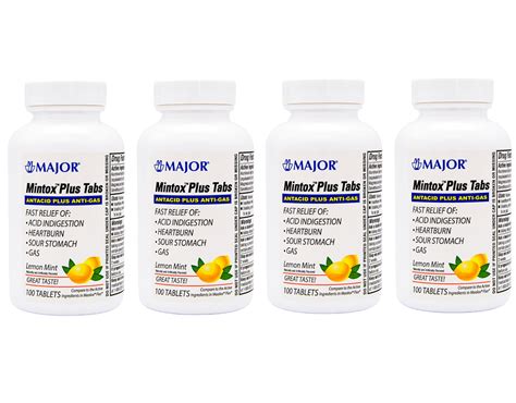 Major Mintox Plus Antacid Plus Anti Gas Tabs Lemon Mint 100 Count