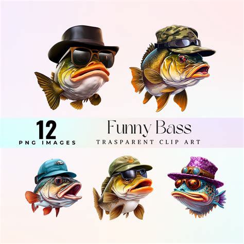 Funny Bass Fish Clip Art, Watercolor Saltwater Fish With Sunglasses and ...