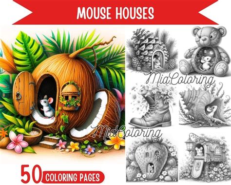 Mouse Houses Printable Coloring Pages for Adults - miacoloring.com