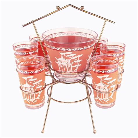 Mid Century Vintage Dyball Coral Pagoda Ice Bucket Glass Caddy Set