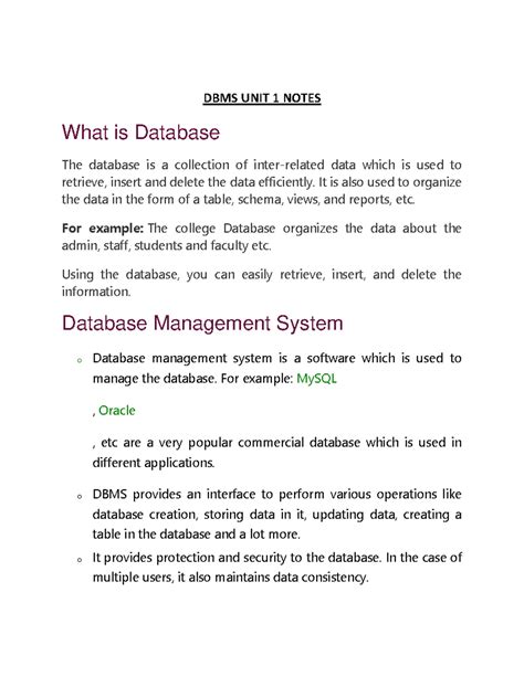 DBMS UNIT 1 Notes DBMS UNIT 1 NOTES What Is Database The Database Is