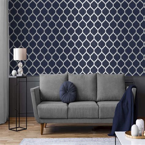 Buy Navy Blue Wallpaper Trellis Geometric Metallic Textured Silver ...