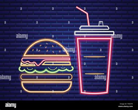 Fast Food Lunch Menu Neon Billboard Vector Glowing Fastfood Light