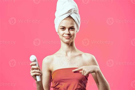 Woman With Towel On Head Naked Shoulders Massage Medicine Cosmetics