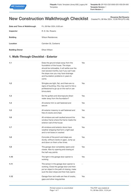 New Construction Walkthrough Checklist Template Download As Pdf New