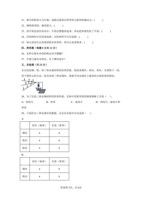 教科版五年级科学下册期末检测卷（一）有答案 21世纪教育网