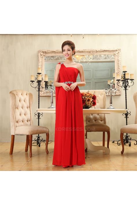 A Line One Shoulder Beaded Long Red Chiffon Bridesmaid Dresses Evening