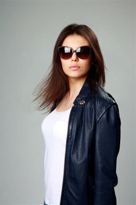 Model In Leather Jacket And Sunglasses Stock Photo Image Of Isolated