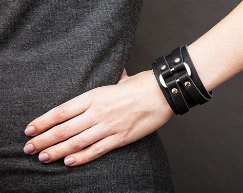 Leather Bracelet Black Wide Cuff Gothic Jewelry Bangle Men Etsy Mens