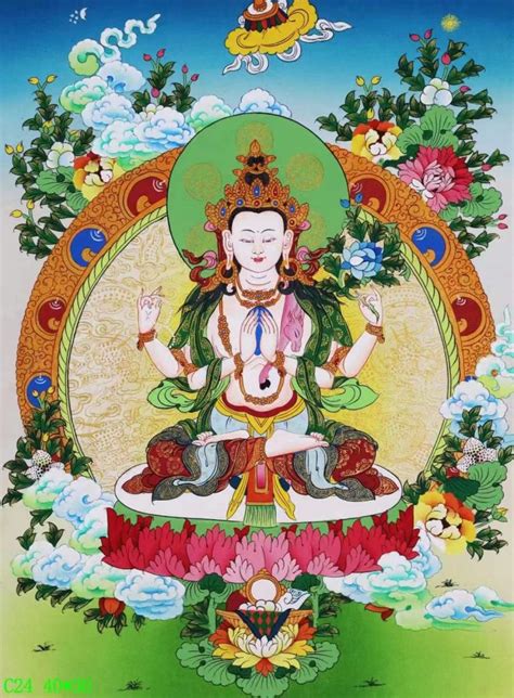 编号138-180698：彩绘唐卡-四臂观音（40*30CM左右） | 沃唐卡www.WoTangKa.com