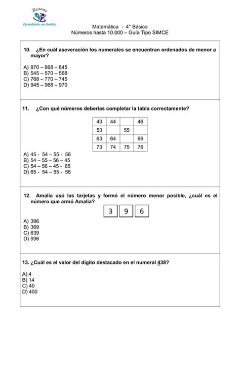 Numeración Hasta 10 000 4° Básico Guía Tipo Simce Con Hoja De