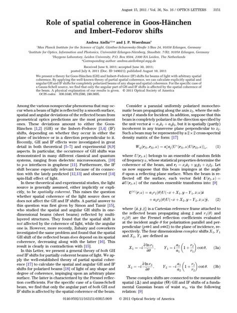 PDF Role of spatial coherence in Goos Hänchen and ImbertFedorov