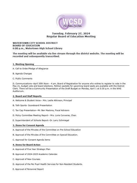 Watertown City School District Board of Education Agenda Feb. 27, 2024 ...