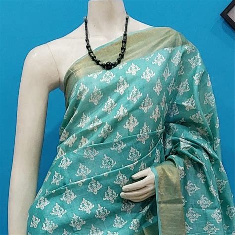 Block Printed Zari Border Tussar Silk Saree M With Blouse Piece