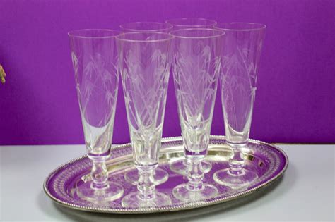 Vintage Pilsner Glass Set Of 6 Handblown Etched Crystal Etsy