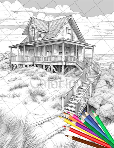 42 Wooden Beach Houses Grayscale Coloring Pages Printable For Adults