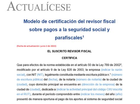 Modelo De Certificación Del Revisor Fiscal Sobre Pagos A La Seguridad Social Y Parafiscales