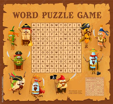 Cartoon Mexican Food Pirate And Corsair Characters Word Search Puzzle