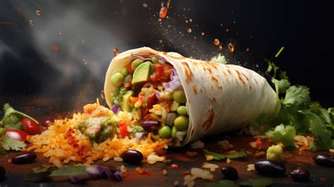 A close-up image of a stuffed burrito with vibrant vegetables and ...