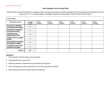 Peer Evaluation Form For Group Work