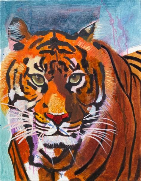 Tiger Oil Painting Original Art Tiger Abstract Background Bright Pop Colors Oil and Canvas ...