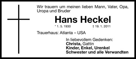 Traueranzeigen Von Hans Heckel Trauer Nn De