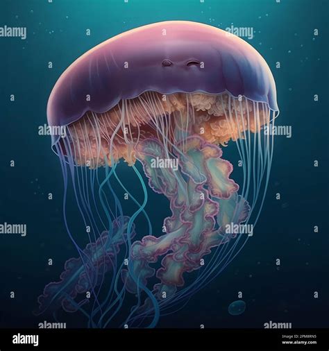 Glowing Jellyfish Swim Deep In Blue Sea White Jellyfish Dancing In The