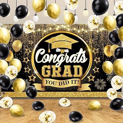 Graduation Decorations Grad Backdrop With Black And Gold Ballons Class