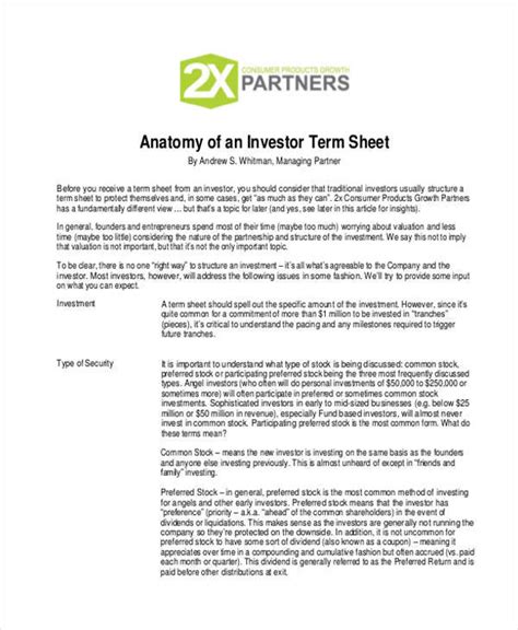 Real Estate Investment Term Sheet Template