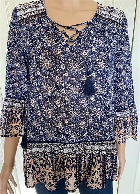 Knox Rose Womens Top Size Small Floral Blue Tassel Sleeve Bell