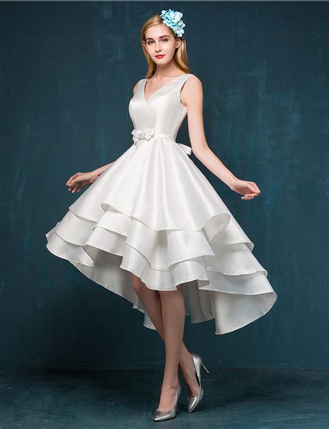 Satin V Neck Bow A Line Hi Lo Prom Dress Asymmetrical Cocktail Dress