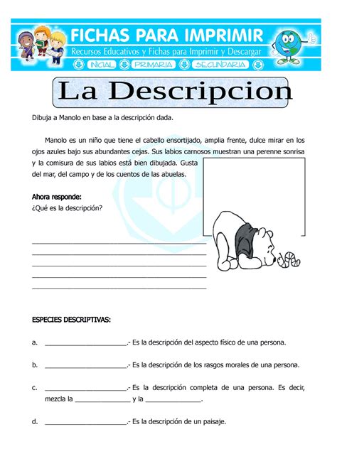 Ficha La Descripcion Para Cuarto De Primaria Dibuja A Manolo En Base A La Descripción Dada