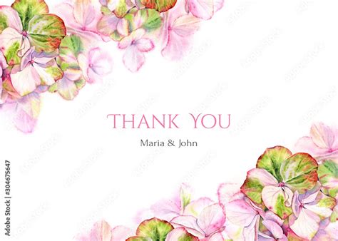 Watercolor Hortensia Thank You Card Template Big Detailed Hydrangea Flowers With Pastel Green