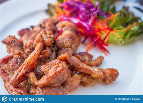 Fried Sun Dried Pork Style Thai Food On White Plate Stock Image Image