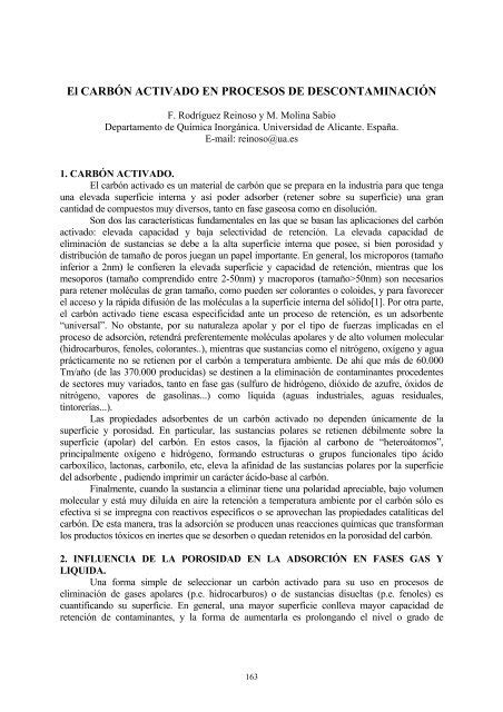 El CARBÓN ACTIVADO EN PROCESOS DE DESCONTAMINACIÓN