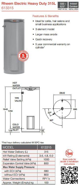 Rheem 613315g7 315 Litre 3 6kw 3 Element 1st Choice Hot Water