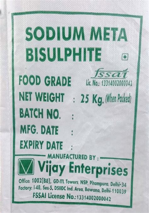 Sodium Metabisulfite Powder 25 Kg Bag Packaging Type Polyethylene