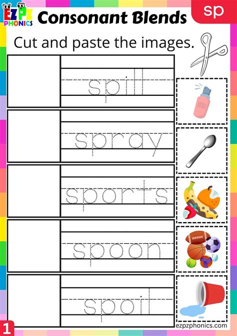 Group1 Sp Words Cut And Paste The Images Phonics Consonant Blends Worksheet