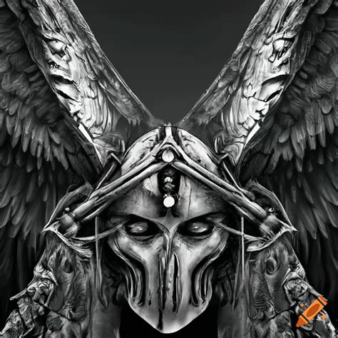 Dark Angel With Archangel Helm And Feathery Wings In High Contrast