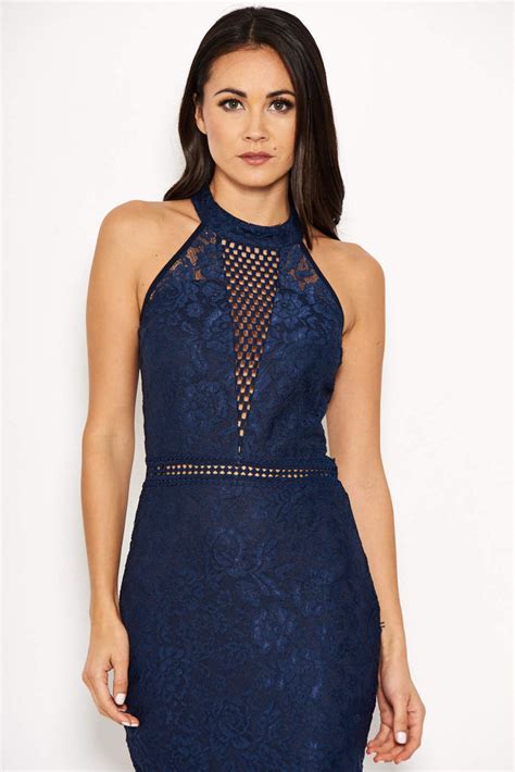 Navy Halter Neck Lace Detail Midi Dress Ax Paris