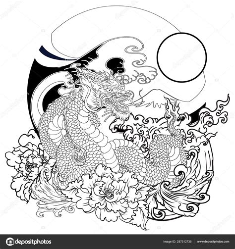 Hand Drawn Dragon Tattoo Coloring Book Japanese Style Japanese Old Stock Vector Image By