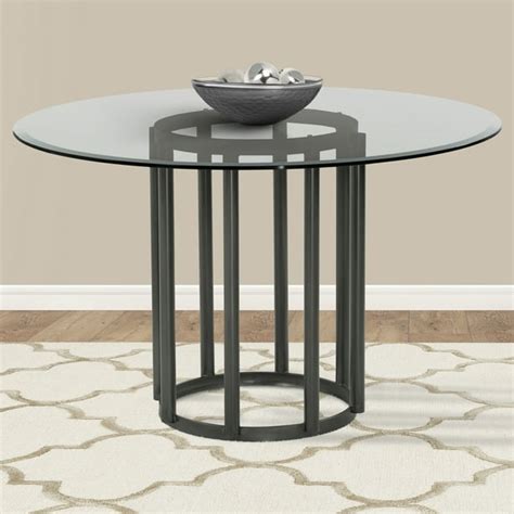 Denis Contemporary Round Metal Dining Table In Mineral Finish With Clear Tempered Glass Top