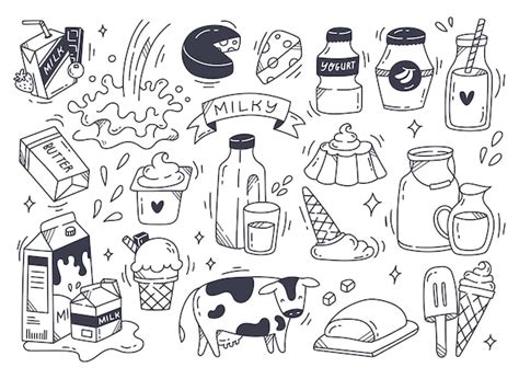 Premium Vector Set Of Dairy Product In Doodle Style Illustration