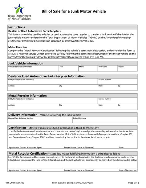 Texas Dmv Bill Of Sale Forms Motor Vehicles