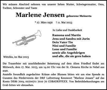 Traueranzeigen Von Marlene Jensen Sh Z Trauer