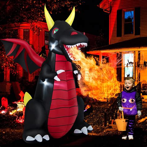 Costway 8ft Halloween Inflatable Fire Dragon Outdoor Yard Decoration With Led Lights