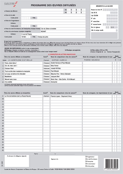 Formulaires SACEM Compagnie du Zèbre à bretelles