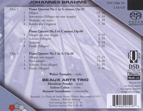 Piano Quartets Op 25 26 60 Beaux Arts Trio CD Album Muziek