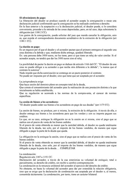 Apuntes Tema Ofrecimiento De Pago El Ofrecimiento De Pago La