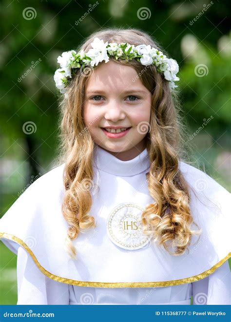 First Communion Beautiful Girl Stock Image Image Of Behavior Long